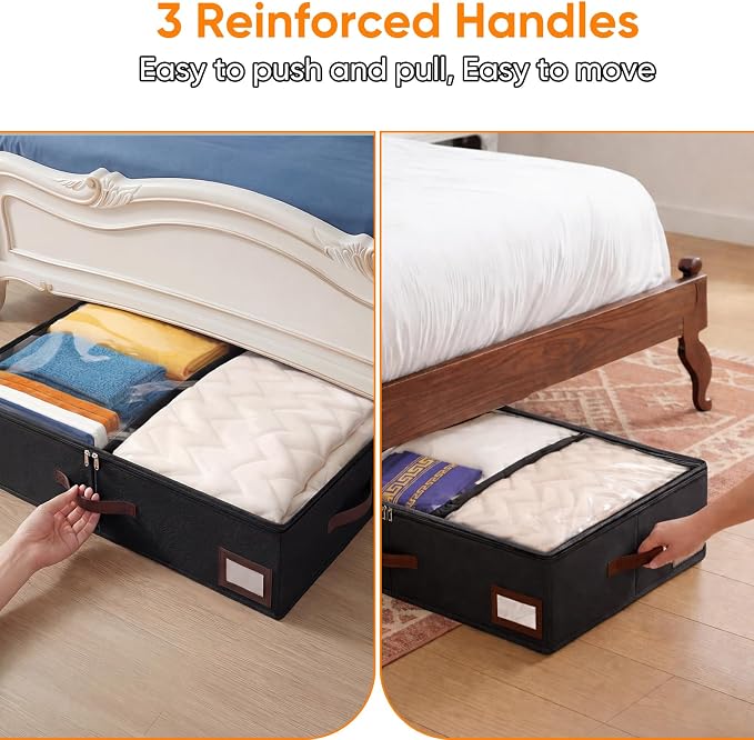 OIAHOMY 2 Pack 38L Under Bed Storage with Adjustable Dividers, 6" Low Profile Underbed Storage Bins for Comforters & Clothes, Save Closet Space with Clear View Lid & Reinforced Handles, Black