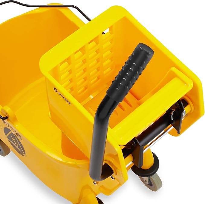 Commercial Janitorial Cleaning Cart on Wheels with Cover, Shelves and Vinyl Bag & Commercial Mop Bucket with Side Press Wringer, 26 Qt. Yellow