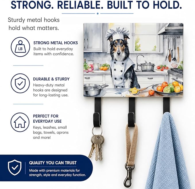 Caroline's Treasures Borzoi The Chef Leash or Key Holder Wall Hooks, Key Hooks Holder, Coat Rack Wall Mount, Coat Hooks, Hooks for Hanging Keys, Towels, Aprons, Leashes | Borzoi The Chef artwork on ceramic tile with three steel hooks for keys, leashes,...