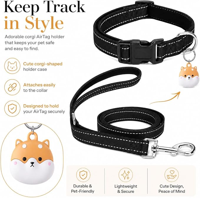 Reflective Soft Neoprene Padded Matching Dog Collar with Leash Airtag Holder Case Set Safety Breathable Adjustable Nylon Dog Collars for X-Small Small Medium Large Dogs-Black-XS