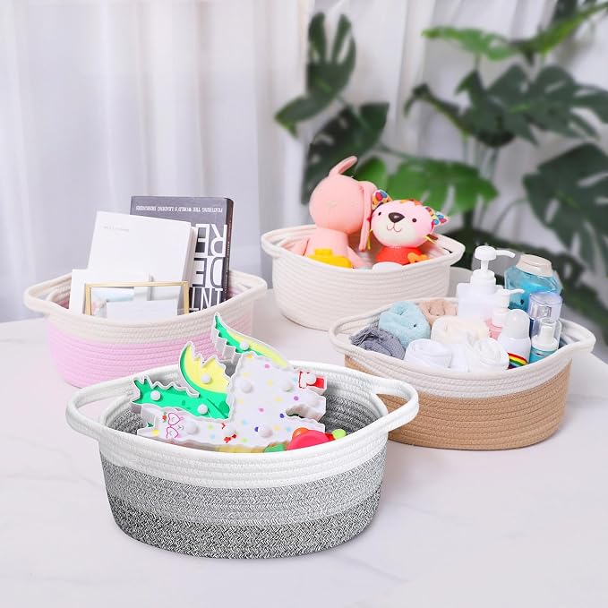 ABenkle Small Basket with Handles, Boho Decorative Rope Woven Dog Cat Toy Storage Bin Shelf Storage Organizer, Easter Christmas Gift Basket, 12"x8"x5"