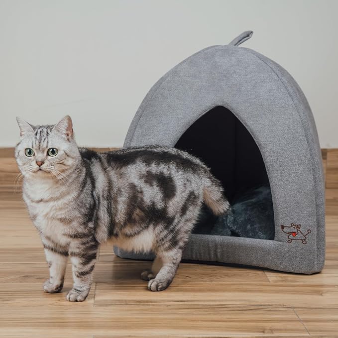 Best Pet Supplies Cat Bed for Indoor Cat, Domed Tent House with Removable Pillow, Covered Cat Cave for Small Dog, Puppies and All Breeds of Cats - Gray, 20 x 20 x H:22"