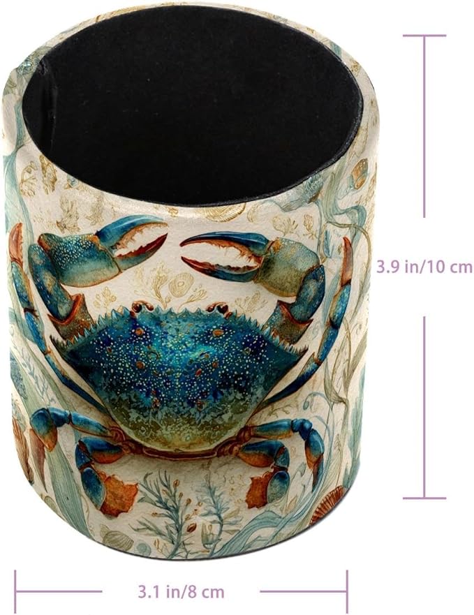 Faux Leather Pen Holder for Desk, Pencil Organizer Blue Crab Pen Cup Desk Decor Makeup Brush Holder Storage for Office Home