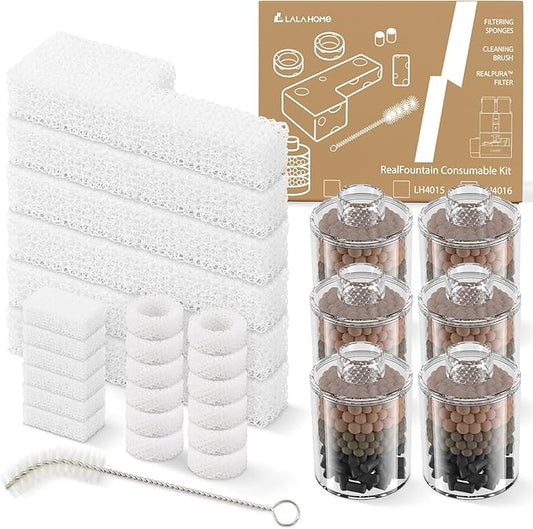 RealPura Filters 6pcs and Filter Sponges 6 Pack Compatible with Automatic Cat Water Fountain, 3-Month Set for Cat Water Dispenser Healthy Filtration Smart Water Bowl Fountain Accessories