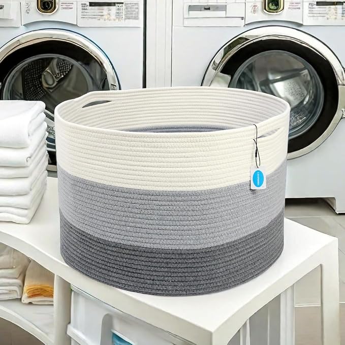 Casaphoria XXXLarge Cotton Rope Basket for Living Room - Woven Storage Basket with Handle for Blankets, Towels and Pillows Laundry Hamper | Light Gray (22" x 22" x 14")