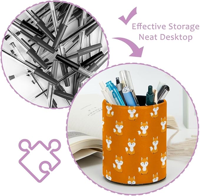 Faux Leather Pen Holder for Desk, Pencil Organizer Cartoon Little Fox Pen Cup Desk Decor Makeup Brush Holder Storage for Office Home