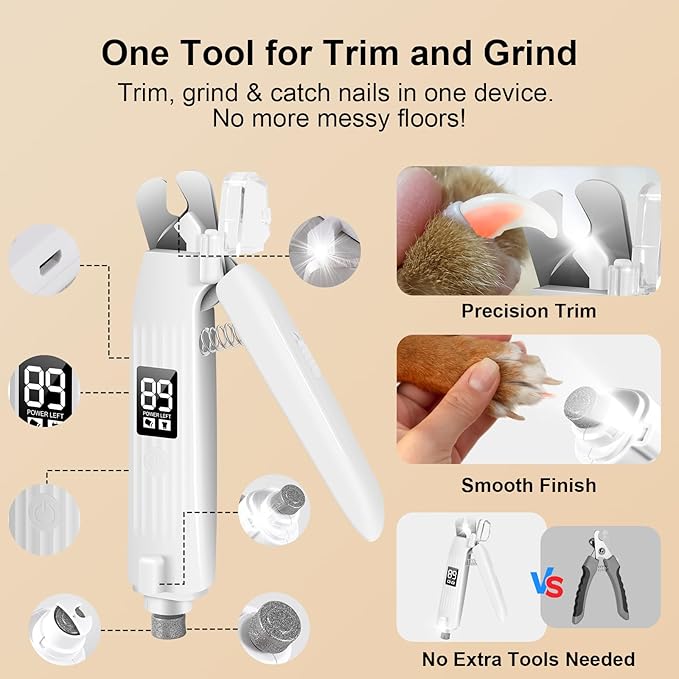 SZMDLX Dog Nail Clippers with Light, 2-in-1 Dog and Cat Nail Clipper with Grinder, Quiet Pet Nail Trimmer for Small Medium Large Dogs and Cats, USB Rechargeable