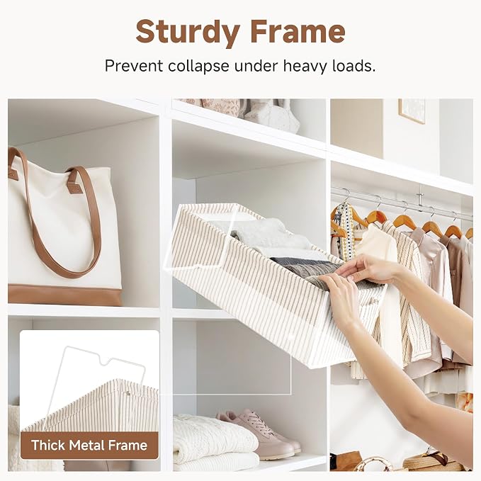 StorageWorks Fabric Narrow Storage Bins, Khaki and Beige Stripes, 2-Pack | With Metal Frame, Sturdy Structure, Reinforced Handles, Toilet Paper Storage, Small Baskets for Bathroom, Closet, Shelf