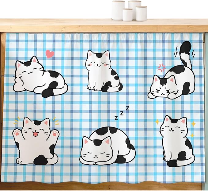 Cute Cat Sink Skirt 11"Wx13"L,Dustproof Under Sink Curtain with Self Adhesive Tape,Modern Playful Pet Cats Blue Purple Plaid Cabinet Curtain Cover for Bathroom Vanity,RV,Kitchen Cabinet Storage Shelf