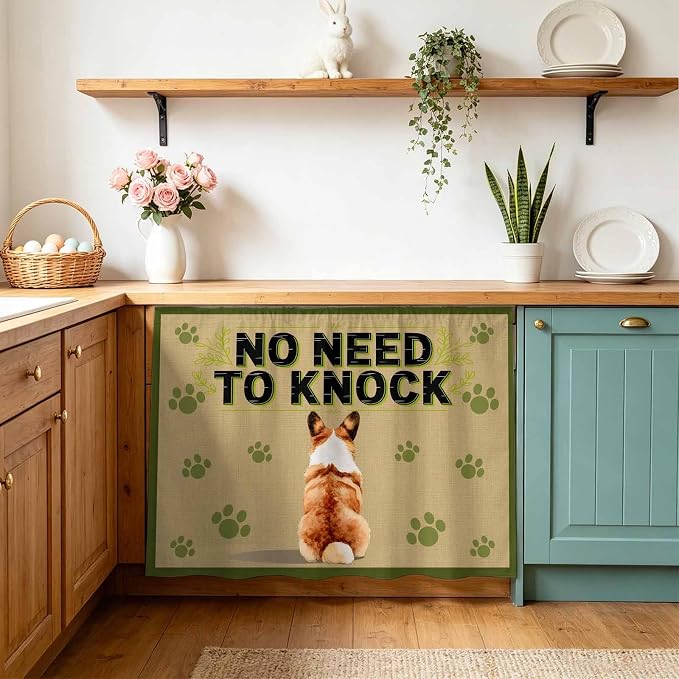 NO Need to Knock Oven Skirt Curtain for Kitchen Decor 28"x35", Corgi Dog Paw Prints Pet Lover Farmhouse Self Adhesive Stove Curtains Skirt Cabinet Curtains for Bathroom Laundry Room