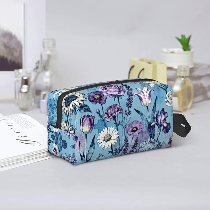 Blue and Purple Watercolor Floral Makeup Bag - Durable 600D Oxford Fabric Travel Cosmetic Bag, Shockproof Foam Padded Toiletry Organizer for Gym & Daily Use 10x6.2x4.9 Inch