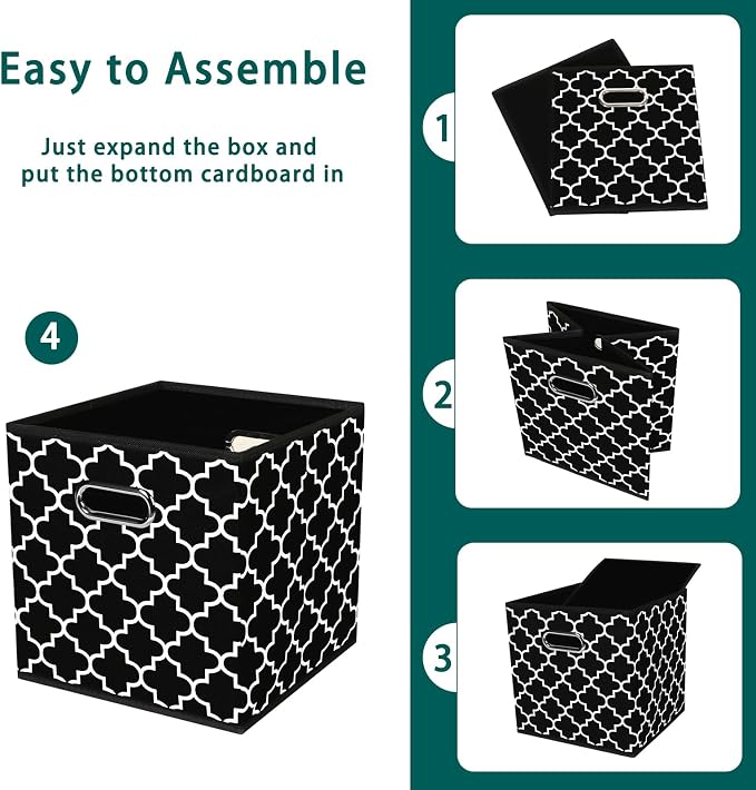 Black Foldable Storage Cubes Bins, Fabric Storage Box Cubes Organizer Baskets with Dual Handles for Home Organizer,Set of 3,(Black Light)