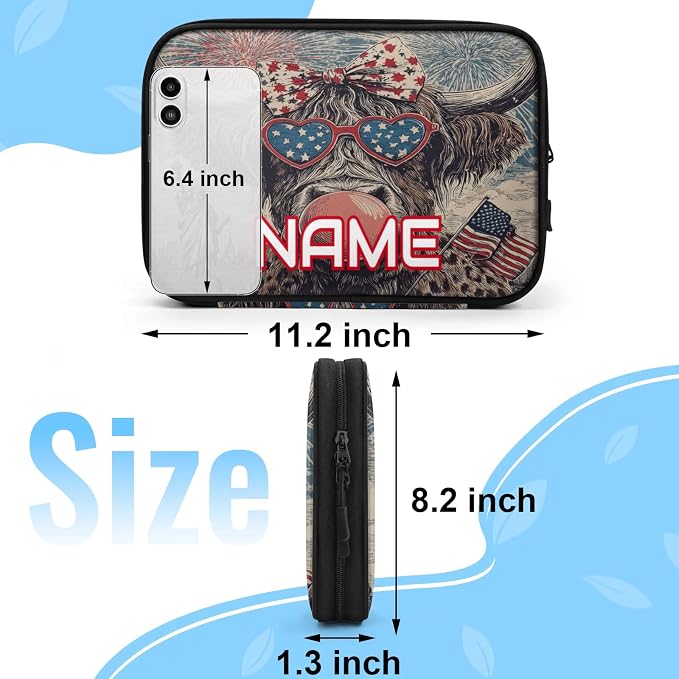 Custom Electronics Organizer Patriotic Highland Cow Travel Cable Pouch Large Tech Accessories Case Waterproof Cord Storage Bag for Power Bank Charger Phone Earphone