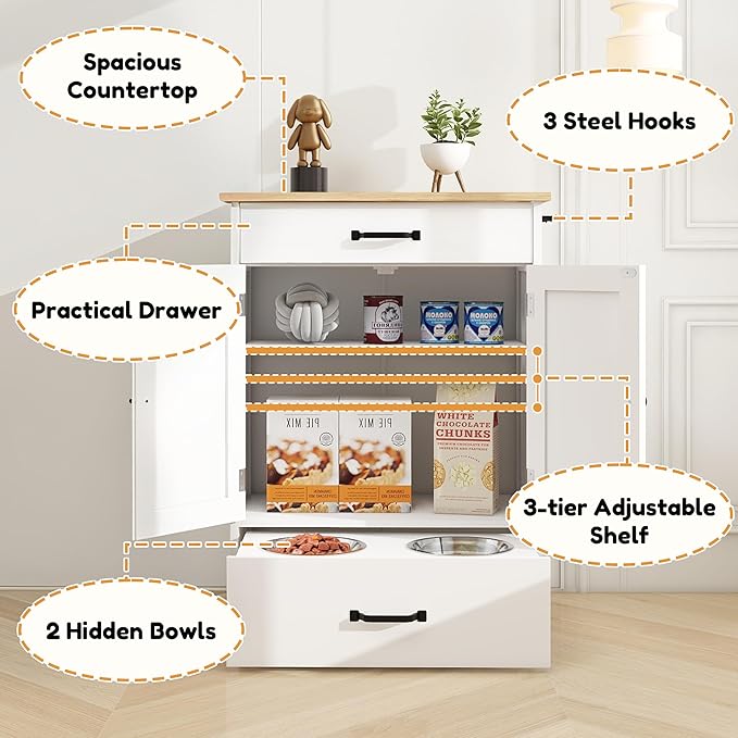Dog Feeding Station Food Storage with 2 Elevated Stainless Bowls White Wood | Pet Organizer Cabinet With Adjustable Shelf Sliding Drawer Hidden Feeder ,Toy Organization Container for Cats & Dogs