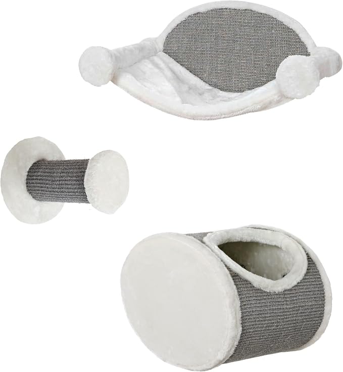 Trixie Liam Wall Mounted Cat Furniture - 3pc Cat Wall Scratcher - Climbing Shelves, Plush & Sisal Covered Condo, Hammock, and Step - Gray