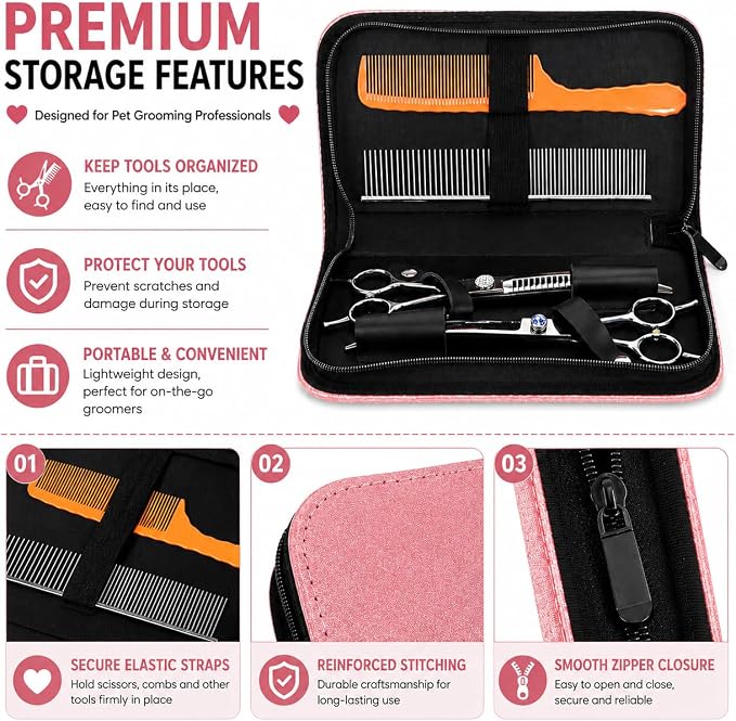 Pet Grooming Scissors Case, Dog Grooming Tool Organizer with Elastic Straps, Portable Storage Holder for Grooming Shears, Combs & Accessories, Case Only (V-010-SC-Pink)