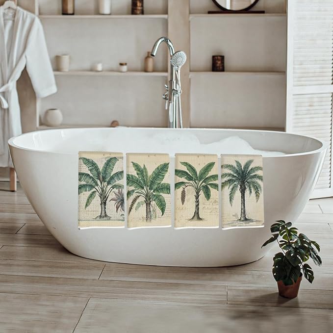 4 Pcs Vintage Banana palm Tree Kitchen Towels, Rustic Charm Decorative Absorbent Microfiber Dish Cloth Tea Towel, Waffle Soft Hand Towels for Farmhouse Home Bathroom Kitchen Decor, Housewarming Gifts