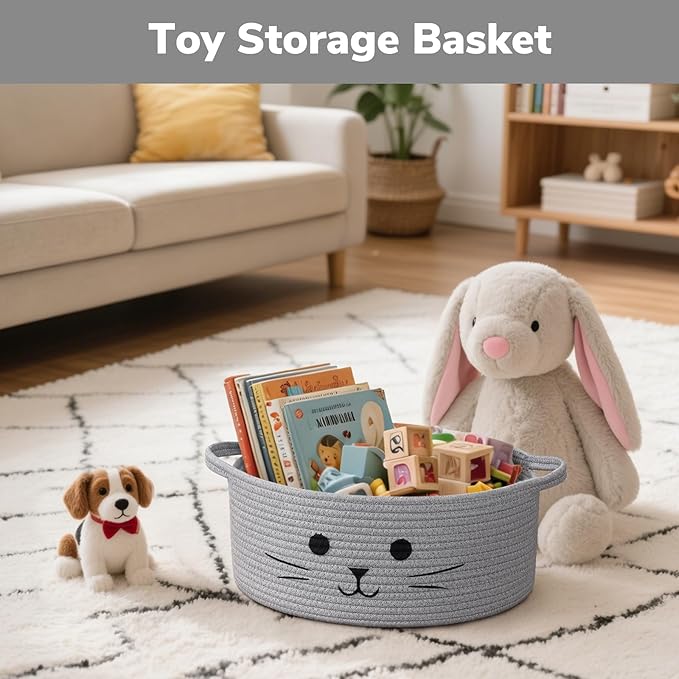 Medium Woven Rope Cat Toy Basket with Cat Face, Grey | 13.8" x 6" Cat Toy Storage Bin for Living Room & Nursery, Pet Gift Basket Empty with Sturdy Handles, Cozy Cats Bed