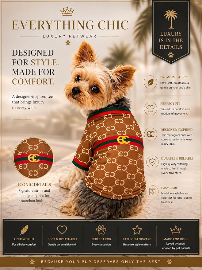 Luxury Designer Dog T Shirt – Trendy Puppy Clothes for Small Dogs, Fashion Pet Tee for French Bulldogs & Chihuahuas, Everything Chic Dog Apparel (GucchewiTee, Medium)