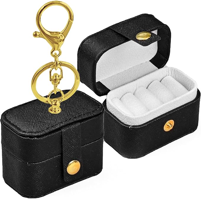 Wedding Dog Ring Bearer Pillows Box, PU Leather Travel Mini Ring Holder Pouch with Keychain Clip& Buckle Closure, Bridesmaid Gifts Jewelry Storage Organizer Case for Women Girls(Black)