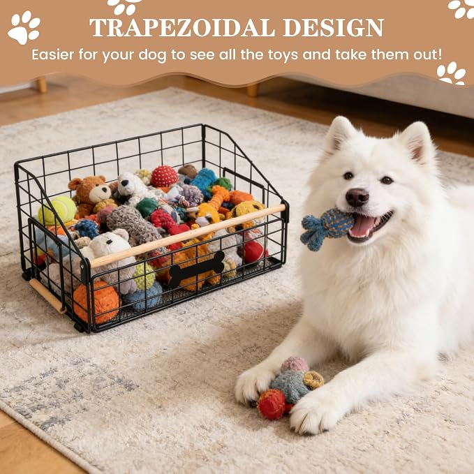 16.5" Metal Dog Toy Basket With Wooden Handle for Living Room Area | Trapezoid Storage Bin for Puppy Chew Toys, Indestructible Organizers and Storage for Pet Supplies, Clothes