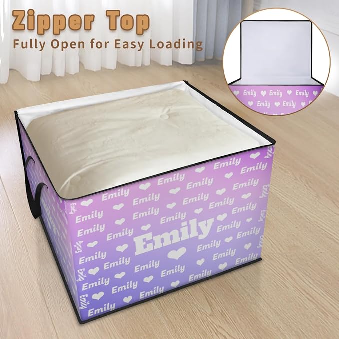 Personalized Extra Large Storage Basket with Lid, Comforters, Bedding Storage Bin with Handles for Home, Collapsible Basket Love Hearts Gradient Light Purple for Clothes, Moving, Car Trunk