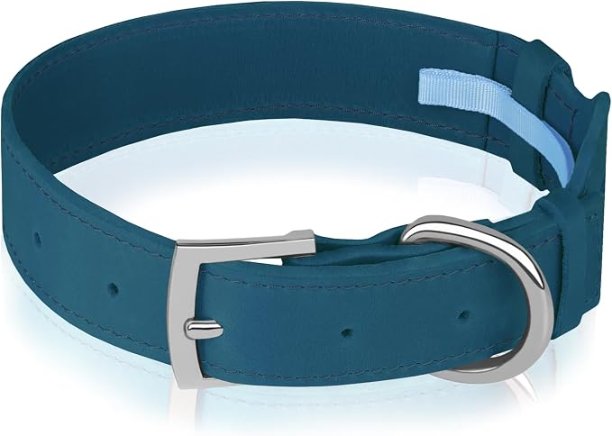 Leather Dog Collar with Airtag Holder - Apple Air Tag Dog Collars - Soft Tracking GPS Pet Collar for Small Medium Large Dogs Breed Puppy (Smoky Blue, L, 15"-19" Neck Fit)