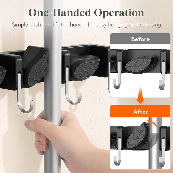 Lifewit Mop and Broom Holder Organizer Wall Mount Non-Slip, 2 Pack, Black | Easy Install One Handed Push Cleaning Tool Hanger with 6 Hooks 5 Slots, Heavy Duty Hanging Utility Rack for Garden, Garage