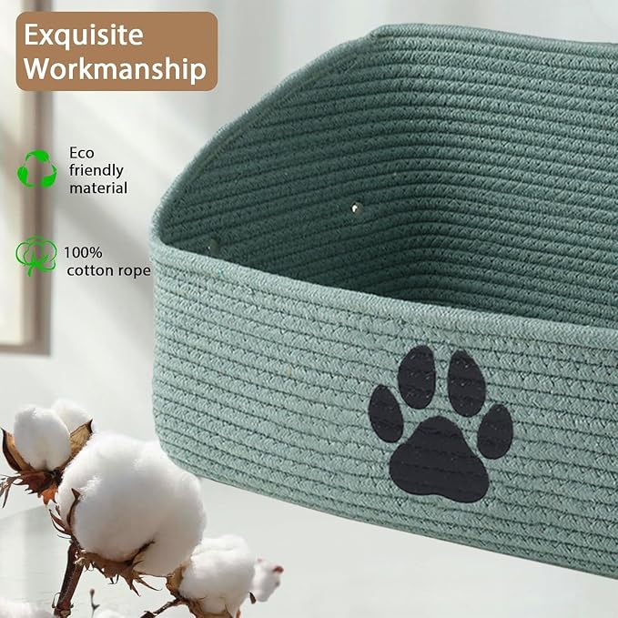 2 pack Woven Dog Toys Basket, 100% Cotton Rope Dog Toy Box for Living Room Area, Trapezoid Pet Toys Bin with Sturdy Handle, Puppy Bed, Green Baskets for Pet Toys/Collar/Leash/Blanket