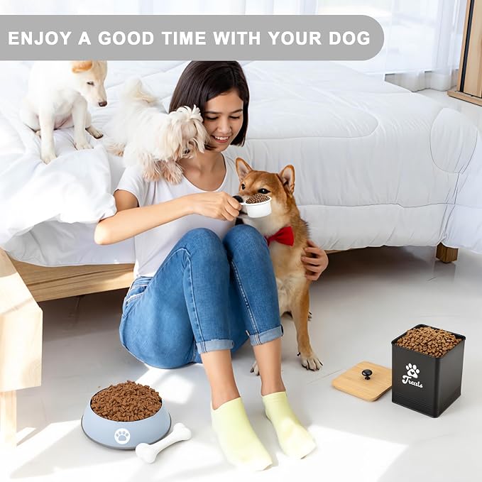 Dog Treat Container Airtight, 5.7" W x 6.7" H Iron Pet Treat Jar with Bamboo Lid, 12 Cup Food Storage Canister for Kitchen Counter, Decorative Pet Cookie Jar for Dog Snacks Kibble,Black