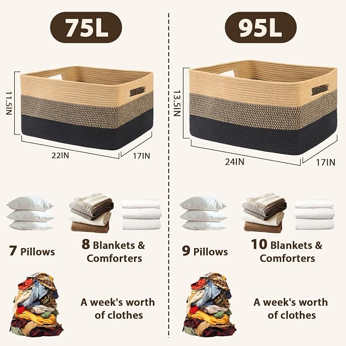 Optish 75L Large Woven Blanket Basket, Storage Basket with Handles | Sturdy Cotton Rope Basket Organizer Blanket, a lot of Toys, Comforter, Pillows, Bedroom, Living Room, Bathroom, Easy to Carry