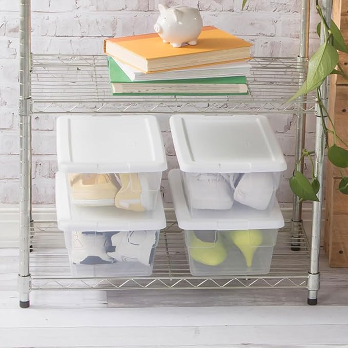 Sterilite 6 Quart Storage Box, Clear Plastic with White Snap Lid, 12 Pack