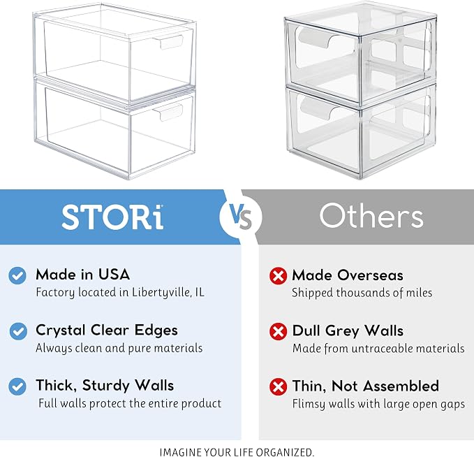 STORi Audrey Stackable Clear Bin Plastic Organizer Drawers | 2 Piece Set | Organize Cosmetics and Beauty Supplies on a Vanity | Made in USA (Pack of 3)