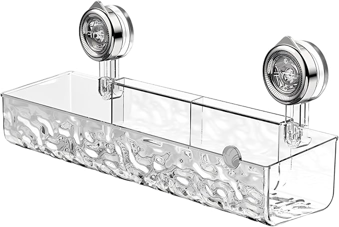 Suction Cup Shower Storage Shelf, No-Drill Wall Mounted Bathroom Organizer with 4 Hooks, 15 in Glacier Transparent Storage Holder, Reusable Storage Rack, Holds 22 lbs