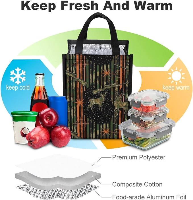 Portable Lunch Bag for Adults Reusable Thermal Lunch Totes Compatible with Camouflage Fall Hunting Deer Camo American Flag Insulated Lunchbox Food Containers Organizer