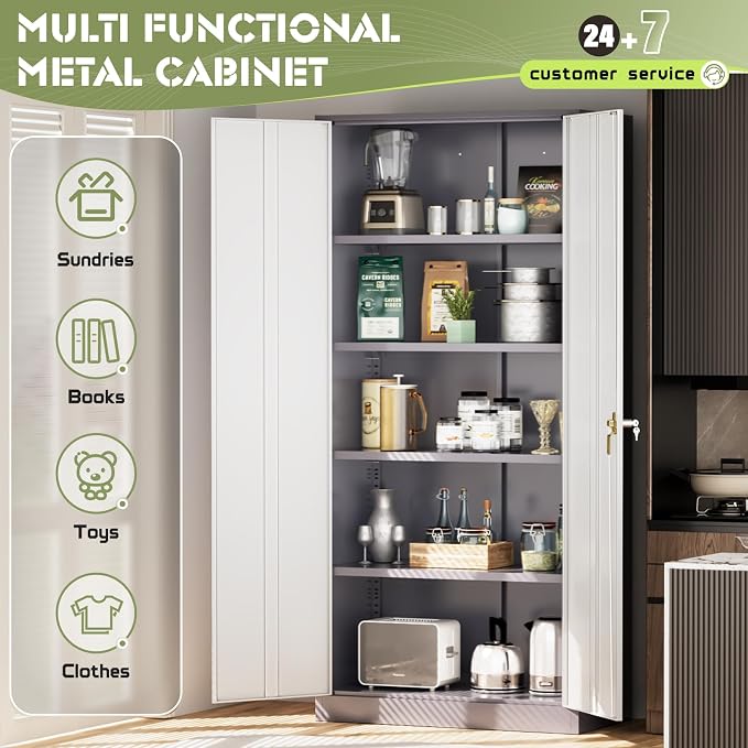 Crownland 72" Lockable Metal Storage Cabinet, Garage Storage Cabinets, High Office Cabinet with Adjustable Shelves for Garage, Home Office,Pantry, File(Grey White)