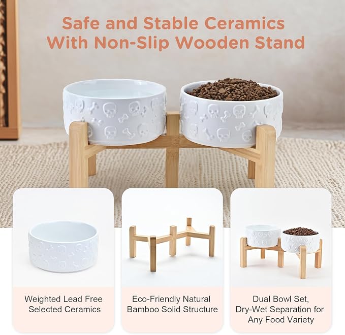 SPUNKYJUNKY Elevated Dog Bowls Ceramic, 6.1'' Dogs and Cat Food Water Bowls Raised with Non-Slip Bamboo Stand for Medium Sized Breed Microwave Dishwasher Safe - 28.7 OZ,Skull White