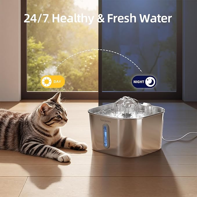 SARPAWS Cat Water Fountain Stainless Steel：74oz/2.2L Water Fountains for Cats Indoor, Cat Fountains for Drinking, Ultra-Quiet, Water Level Window, Pet Water Fountain - 2 Filters + 2 Sponges