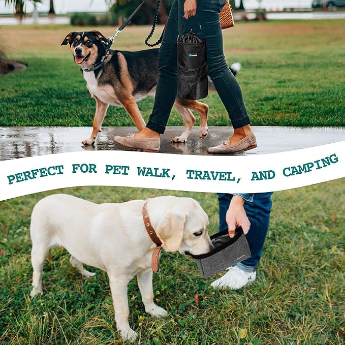PetAmi Travel Dog Food Bag with 2 Collapsible Bowls Waterproof Dog Kibble Storage & Foldable Food Water Bowls for Dogs & Cats, Hiking & Camping (Black, Grey)