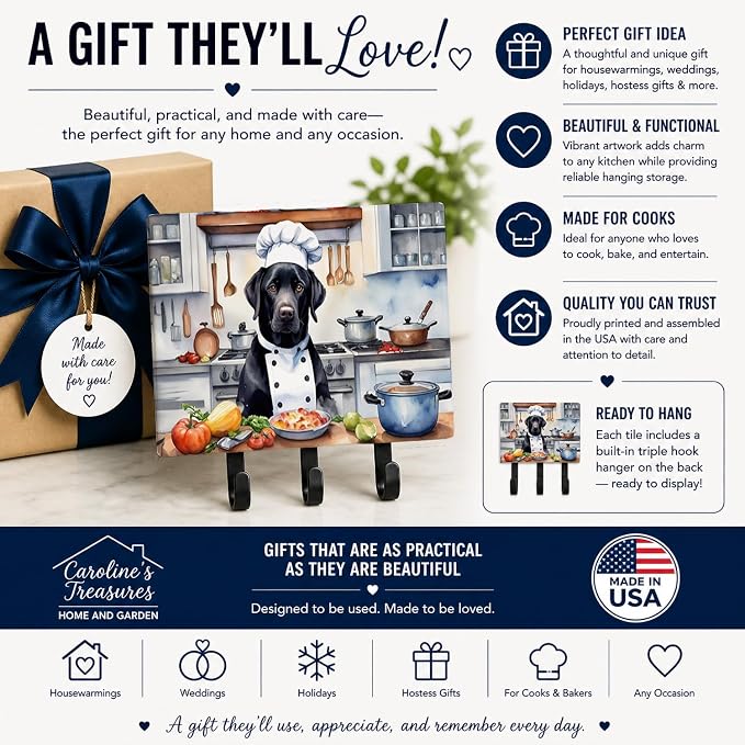 Caroline's Treasures Black Labrador Retriever The Chef Leash or Key Holder Wall Hooks, Key Hooks Holder, Coat Rack Wall Mount, Coat Hooks, Hooks for Hanging Keys, Towels, Aprons, Leashes | Black Labrador Retriever The Chef artwork on ceramic tile with ...