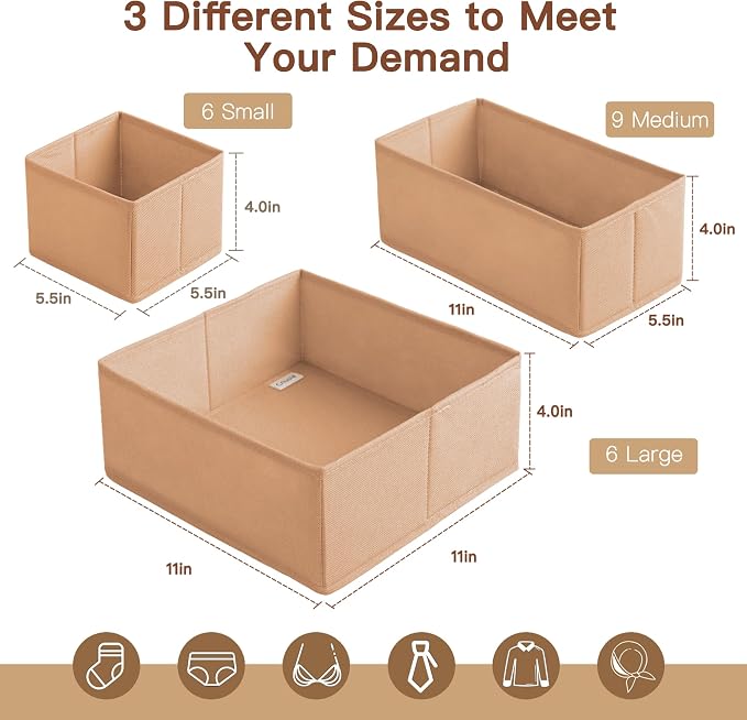 Drawer Organizer Clothes, 21 Pack Dresser Organizer for Baby Clothes, Underwear, Sock - Foldable Closet Organization and Storage Dividers Bins for Nursery, Bedroom (Brown)