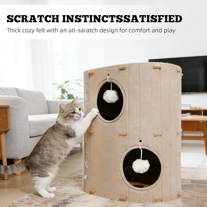 Cat House for Indoor Cats - 2-Storey Foldable Cat Bed Cave with Scratch-Resistant Felt Cats Tunnel Bed Condo & Hanging Fluffy Ball | Cozy Spacious Hideaway for Multi-Cats| Durable & Easy to Store,Gray