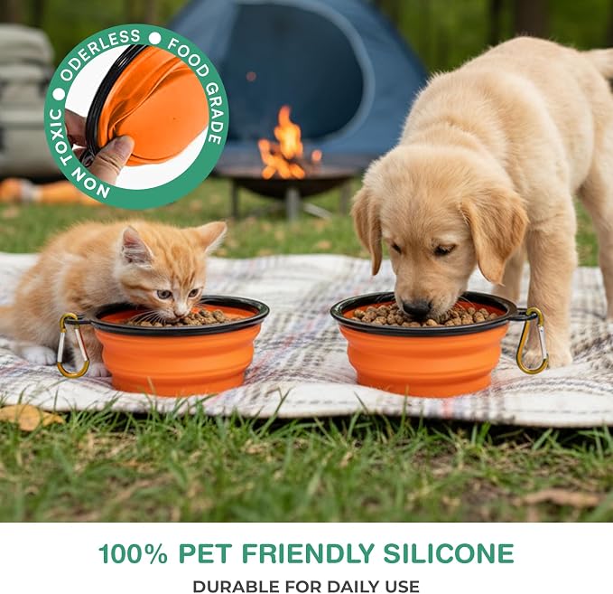 Collapsible Dog Bowls for Travel, BPA Free, Orange | Travel, Portable Water Bowl, Food, Foldable Pet Feeding Dish, Walking Hiking Camping with Carabiner, Dogs and Cats
