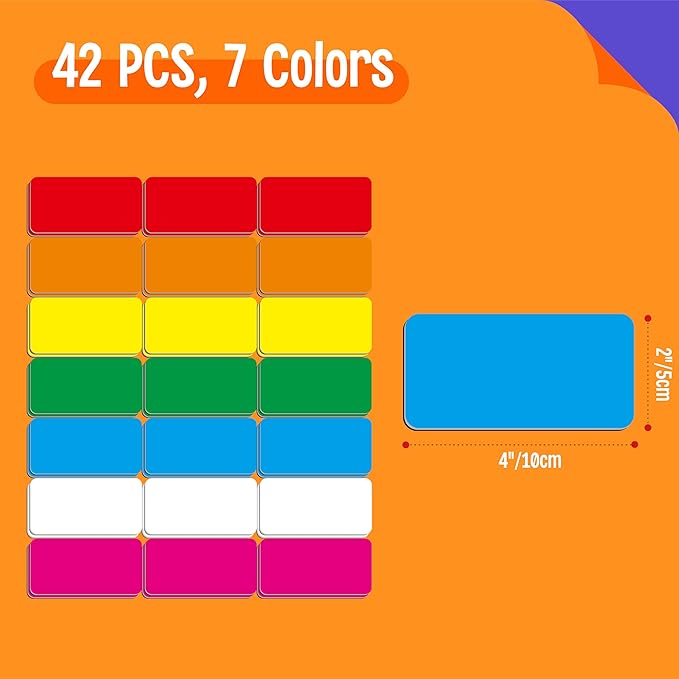 42 PCS Magnetic Name Tag Labels, 7 Colors Dry Erase Reusable Name Stickers for Whiteboard, Locker, Fridge, Metal Surfaces, School Office Home (Each Measures 2" x 4")