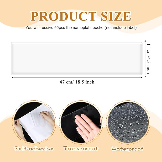 Jeyiour 50 Pcs Label Holders Adhesive Nameplate Pockets Storage Bin Labels Index Card Holder Shelf Plastic Peel Stick for Classroom Supermarket Bookshelf Library Student Box Drawer (4.3 x 18.5 Inch)