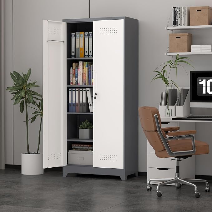72.8" H Metal Garage Storage Cabinets with Doors and Shelves, Broom Closet Storage Cabinet, Tool Cabinets with Hanging Rod, Cleaning Storage Cabinets for Garage, Office, Laundry Room