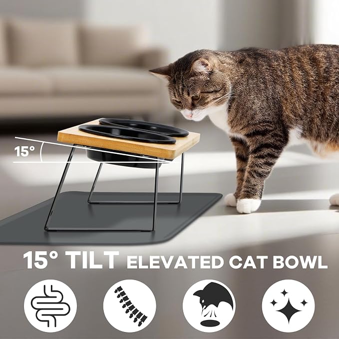 LEAWALK Upgraded Adjustable Height Cat Food Bowls Stand Ceramic Dog Bowls and Slow Feeder Cat Bowl, 15°Tilted Stand Anti Vomiting Raised for Small and Medium Sized Cats Dogs (Black)