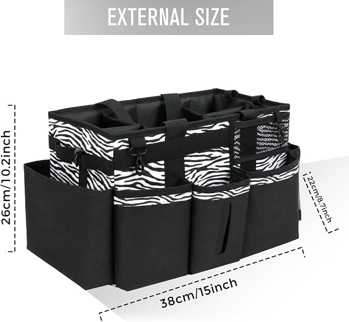 SCAVATA Wearable Cleaning Caddy, Cleaning Caddy Supplies Organizer with Handle & Shoulder Straps for Housekeepers, Under Sink & Car Cleaning Tool Organizers Bag with 4 Foldable Divider (ZebraStripe)