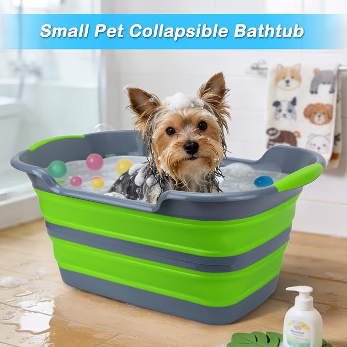 Collapsible Pet Bathtub with Drainage Hole for Puppy Small Dogs Cats, Green | Portable Washing Tub, Foldable Bathing Tub, Indoor, Outdoor, Multi-Functional