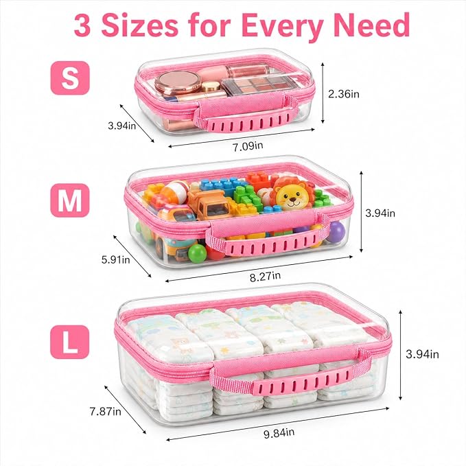 3 Pack Deep Clear Hard Shell Zipper Cases with Handle (Pink) | Travel Toiletry Bag, Waterproof 1.2mm PET Hard Plastic Pouches, Organizer Box for Makeup, Toy, Snack, Stationery, Diaper